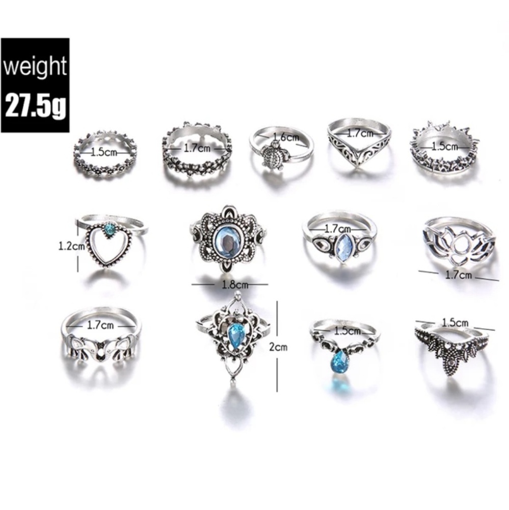 "Aquamarine" 13 Stackable Midi Rings Set - Picture 2 of 3
